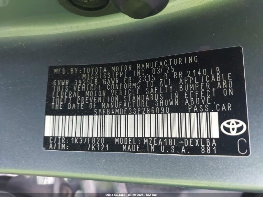 2025 Toyota Corolla Le VIN: 5YFB4MDE3SP286090 Lot: 43334367