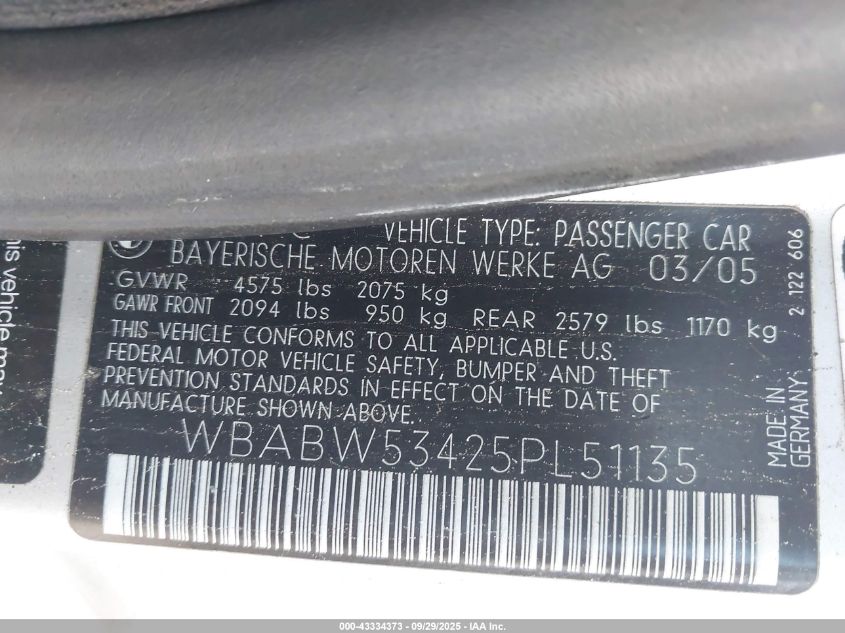 2005 BMW 330Ci VIN: WBABW53425PL51135 Lot: 43334373