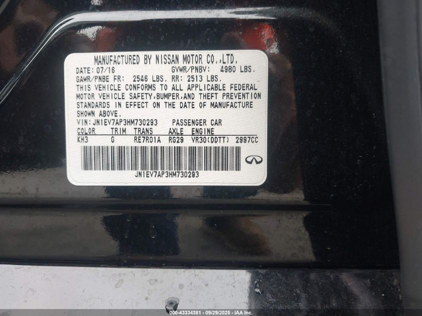 2017 Infiniti Q50 3.0T Premium/3.0T Signature Edition/3.0T Sport VIN: JN1EV7AP3HM730293 Lot: 43334381