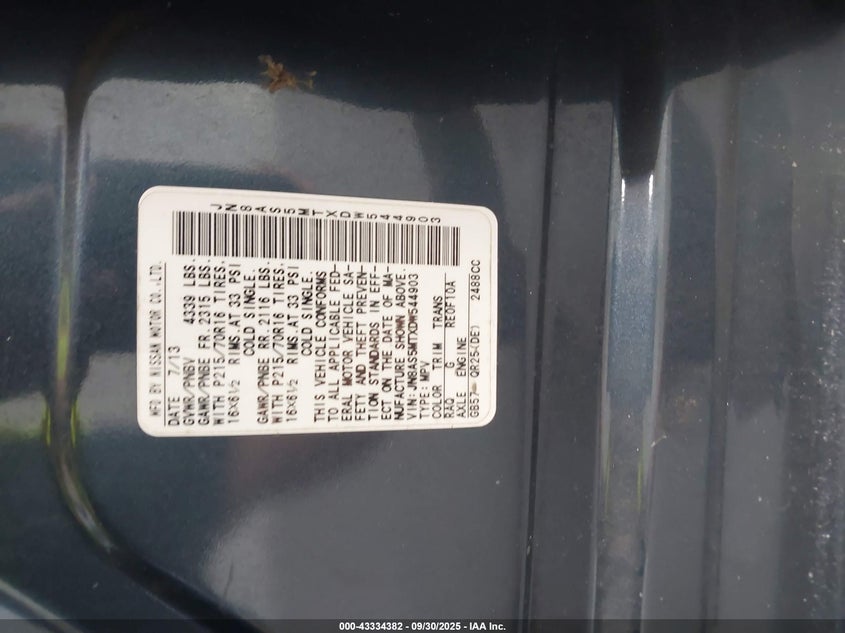 2013 Nissan Rogue S VIN: JN8AS5MTXDW544903 Lot: 43334382