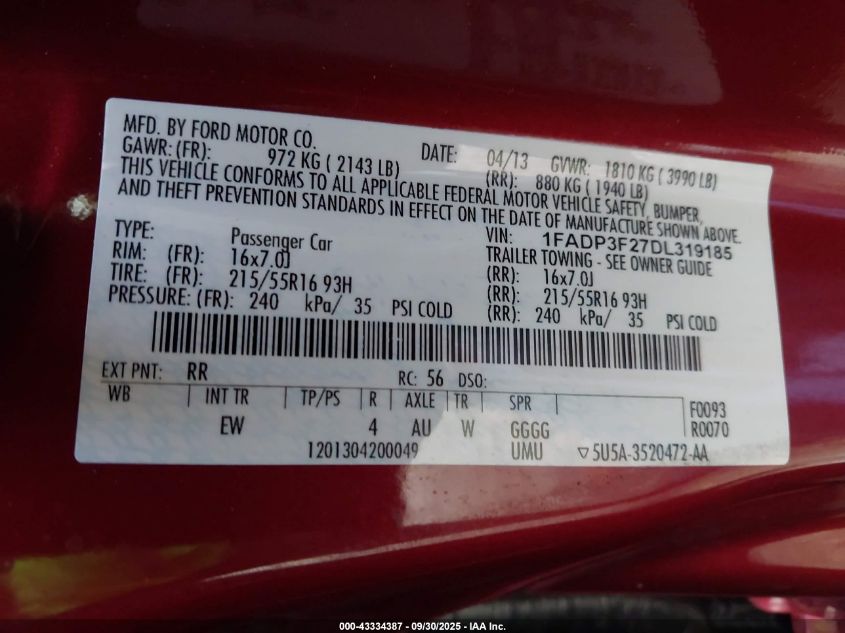 2013 Ford Focus Se VIN: 1FADP3F27DL319185 Lot: 43334387