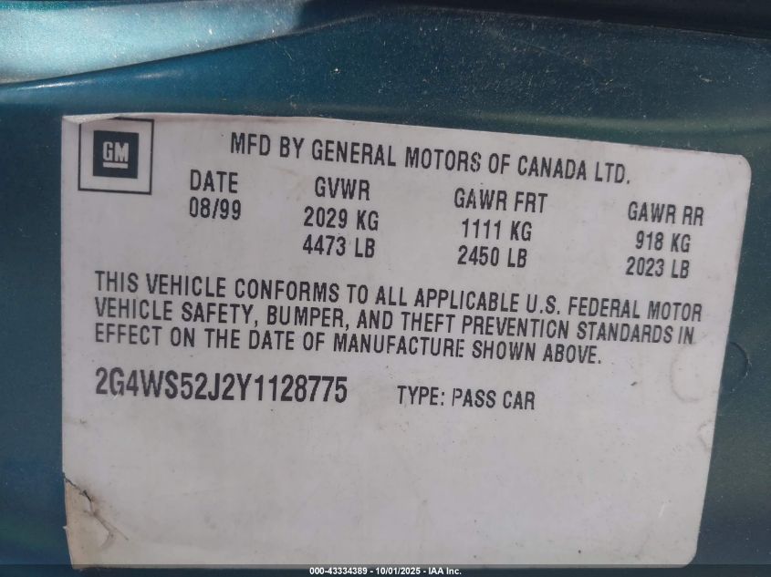 2001 Buick Century VIN: 2G4WS5J2Y1128775 Lot: 43334389