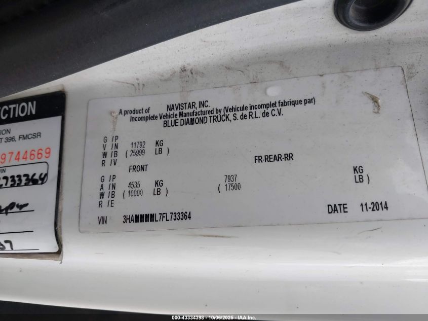 2015 International 4000 4300 VIN: 3HAMMMML7FL733364 Lot: 43334398