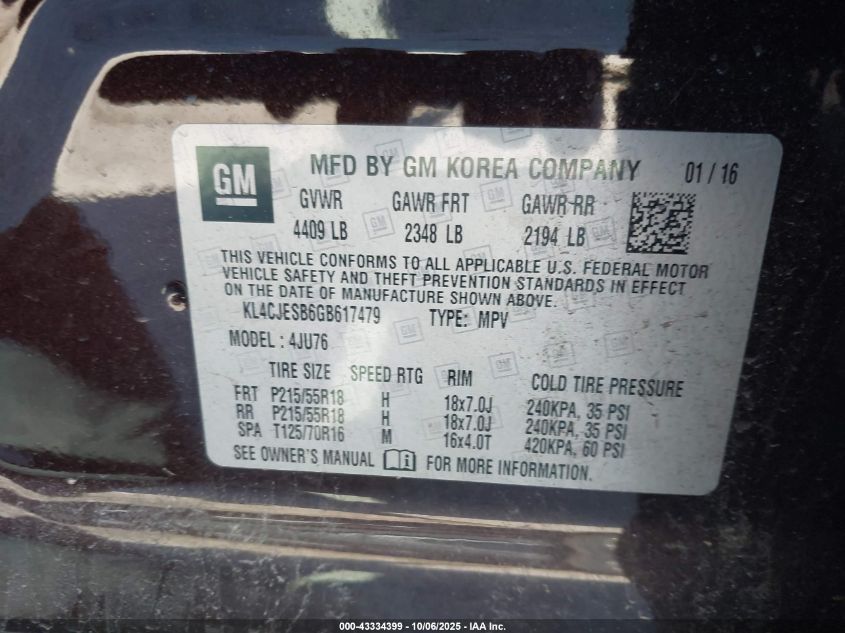 2016 Buick Encore VIN: KL4CJESB6GB617479 Lot: 43334399