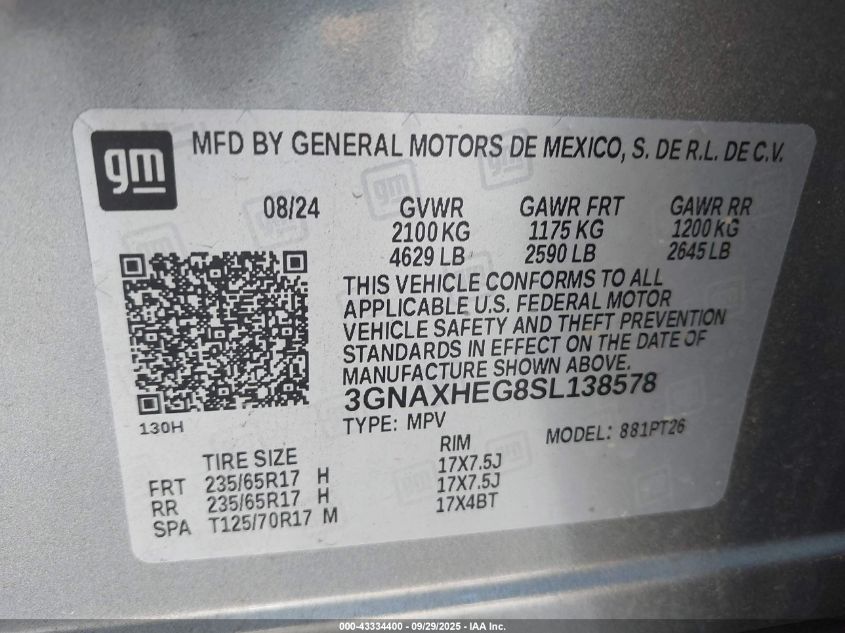 2025 Chevrolet Equinox Fwd Lt VIN: 3GNAXHEG8SL138578 Lot: 43334400