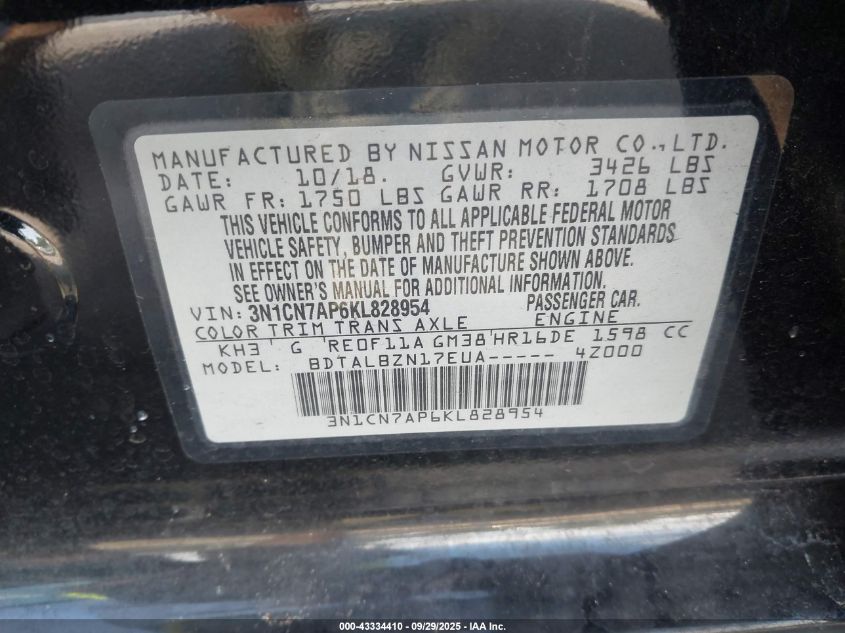 2019 Nissan Versa 1.6 Sv VIN: 3N1CN7AP6KL828954 Lot: 43334410