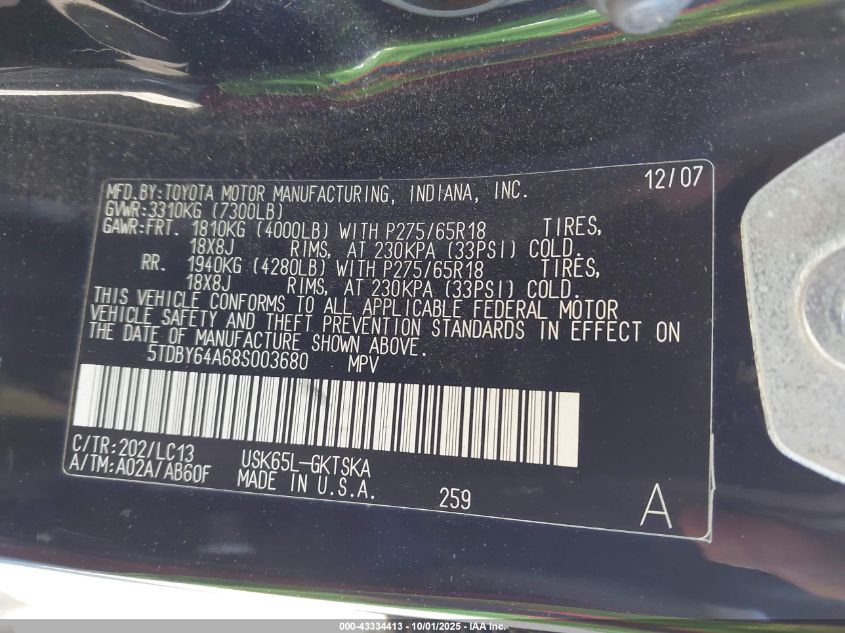 2008 Toyota Sequoia Sr5 5.7L V8 VIN: 5TDBY64A68S003680 Lot: 43334413