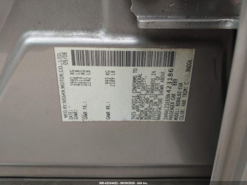 2009 Nissan Altima 2.5 S VIN: 1N4AL21E69N423186 Lot: 43334422