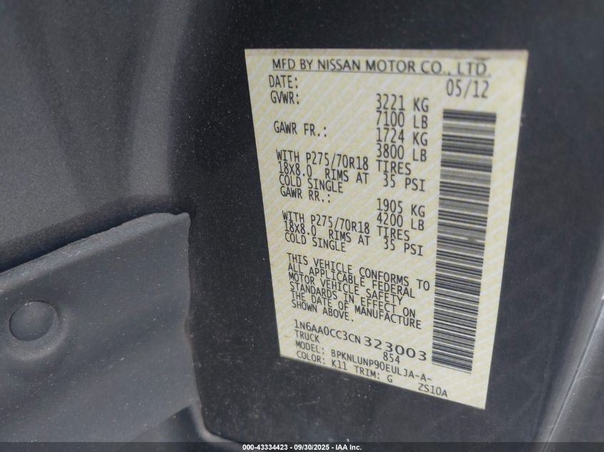 2012 Nissan Titan Pro-4X VIN: 1N6AA0CC3CN323003 Lot: 43334423