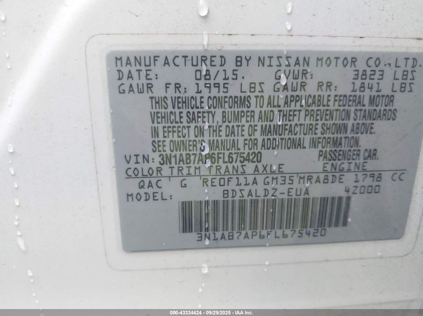 2015 Nissan Sentra Sv VIN: 3N1AB7AP6FL675420 Lot: 43334424