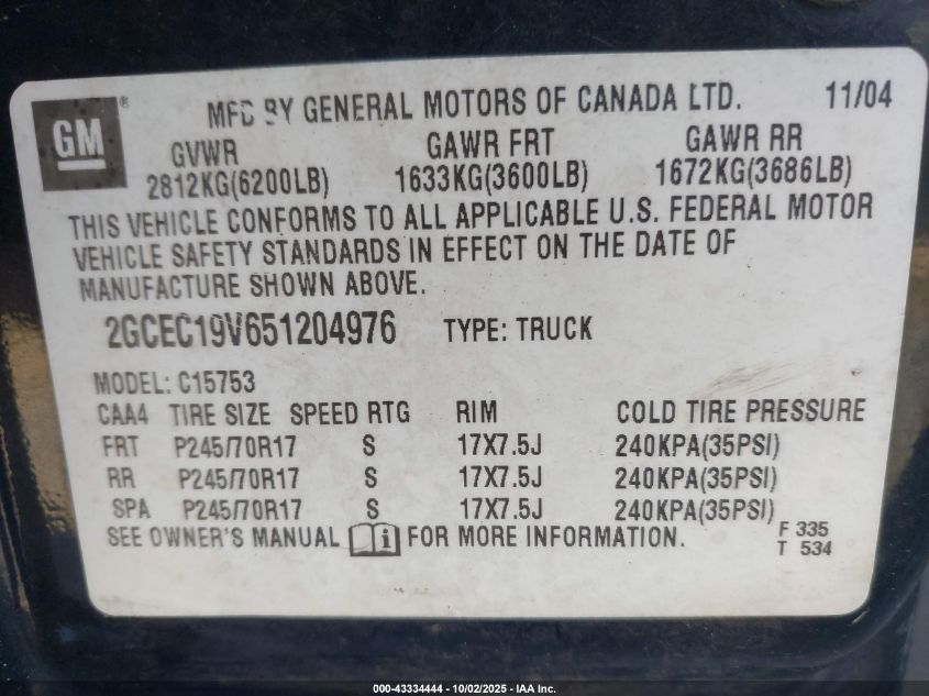 2005 Chevrolet Silverado 1500 Ls VIN: 2GCEC19V651204976 Lot: 43334444