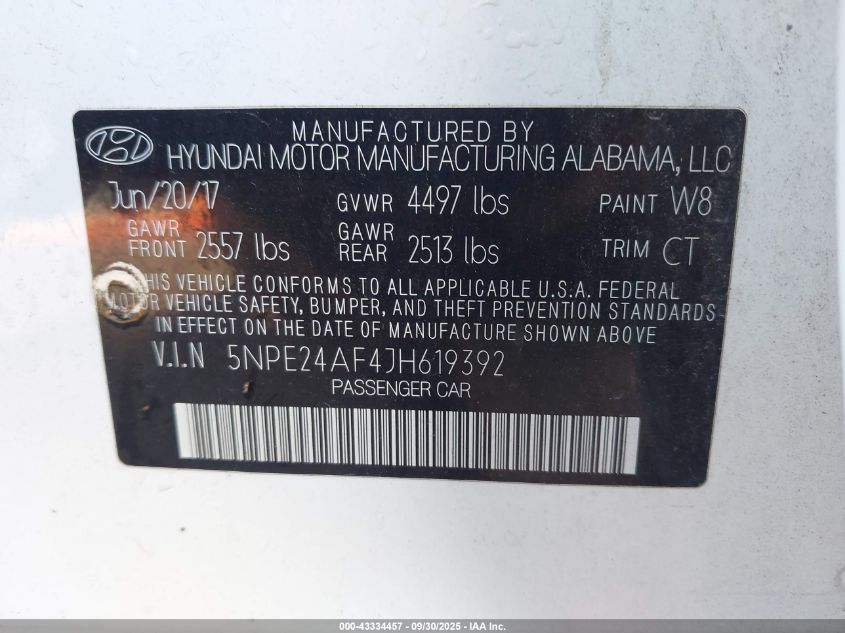 2018 Hyundai Sonata Se VIN: 5NPE24AF4JH619392 Lot: 43334457