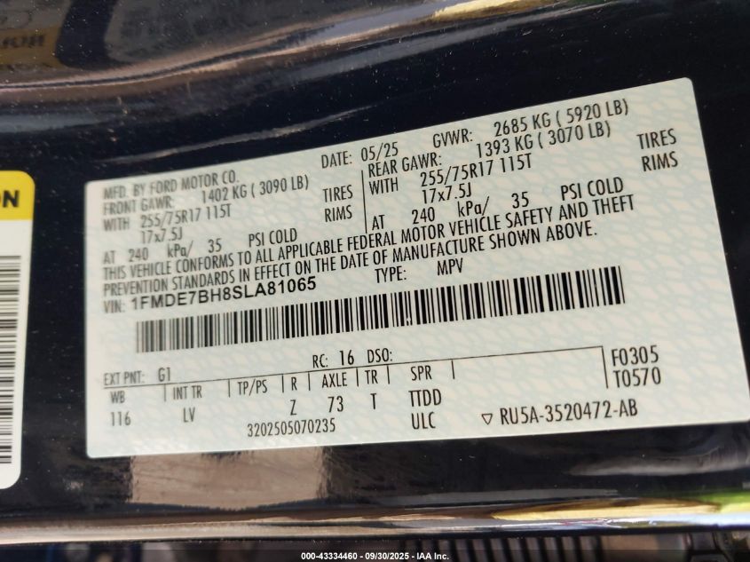 2025 Ford Bronco Big Bend VIN: 1FMDE7BH8SLA81065 Lot: 43334460