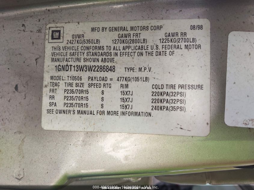 1998 Chevrolet Blazer Lt VIN: 1GNDT13W3W2286848 Lot: 43334461