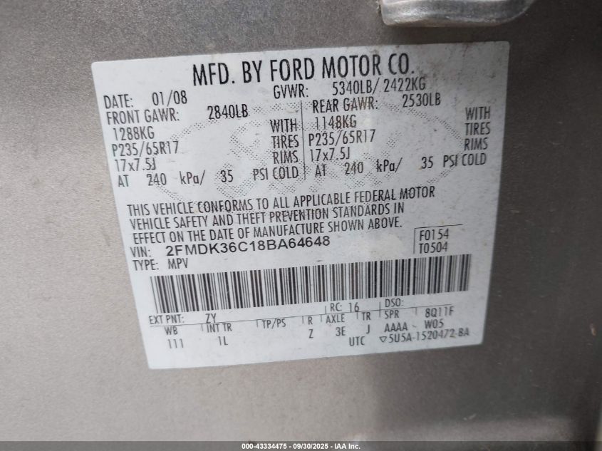 2008 Ford Edge Se VIN: 2FMDK36C18BA64648 Lot: 43334475