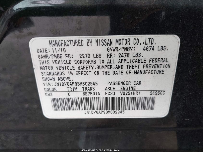 2011 Infiniti G25 VIN: JN1DV6AP9BM602945 Lot: 43334477