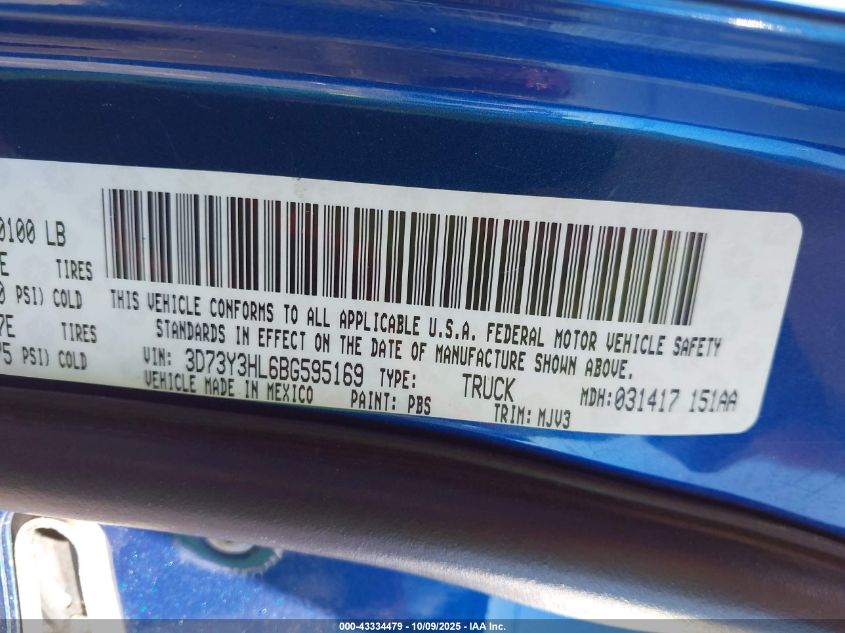 2011 Ram Ram 3500 Slt VIN: 3D73Y3HL6BG595169 Lot: 43334479