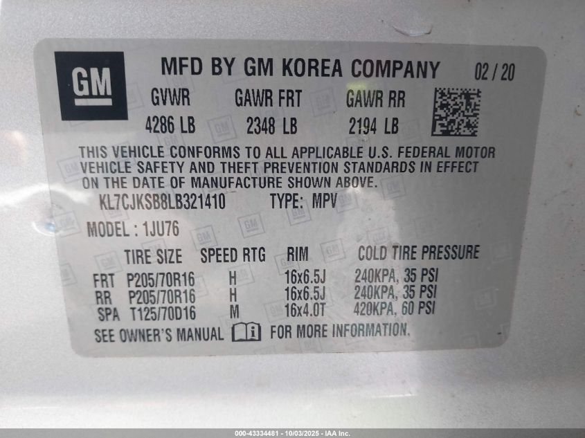 2020 Chevrolet Trax Fwd Ls VIN: KL7CJKSB8LB321410 Lot: 43334481