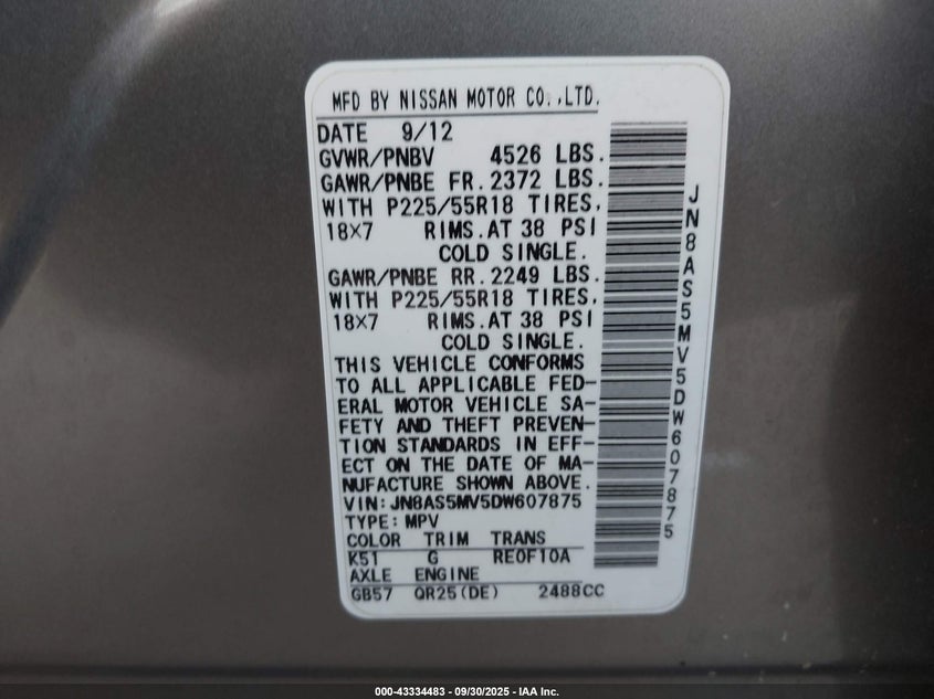 2013 Nissan Rogue Sv W/Sl Pkg VIN: JN8AS5MV5DW607875 Lot: 43334483