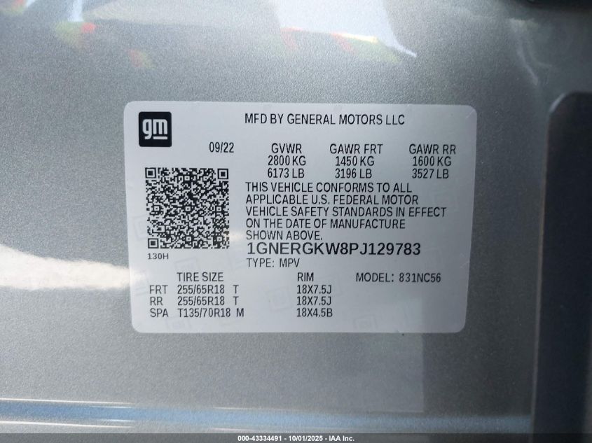 2023 Chevrolet Traverse Fwd Lt Cloth VIN: 1GNERGKW8PJ129783 Lot: 43334491