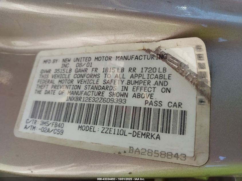 2002 Toyota Corolla Ce VIN: 1NXBR12E32Z609393 Lot: 43334493