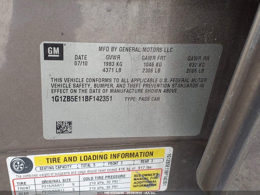 2011 Chevrolet Malibu Ls VIN: 1G1ZB5E11BF142351 Lot: 43334496