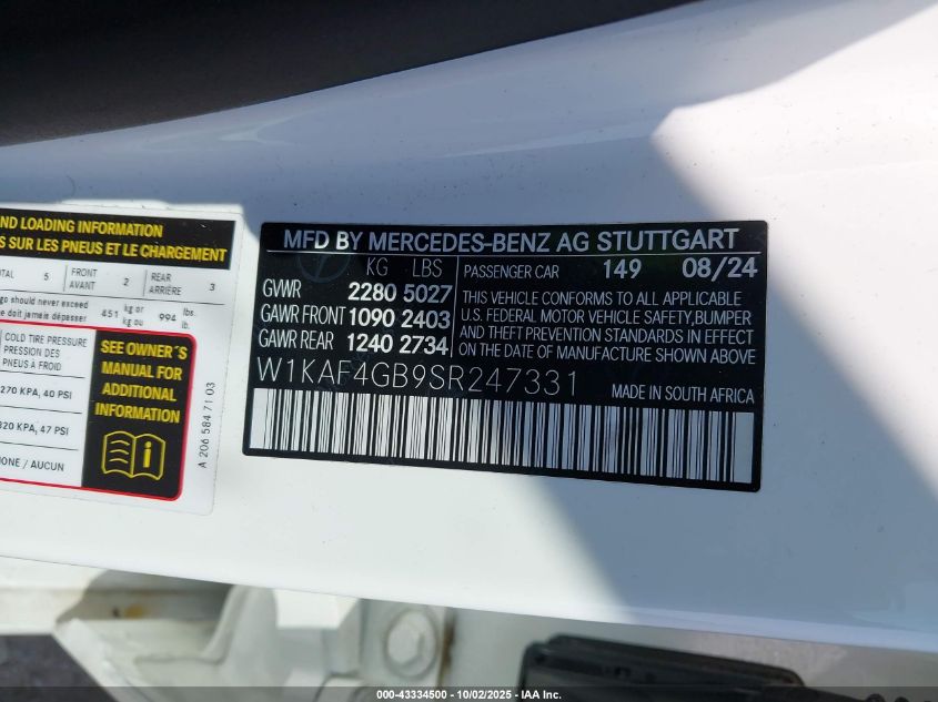 2025 Mercedes-Benz C 300 VIN: W1KAF4GB9SR247331 Lot: 43334500