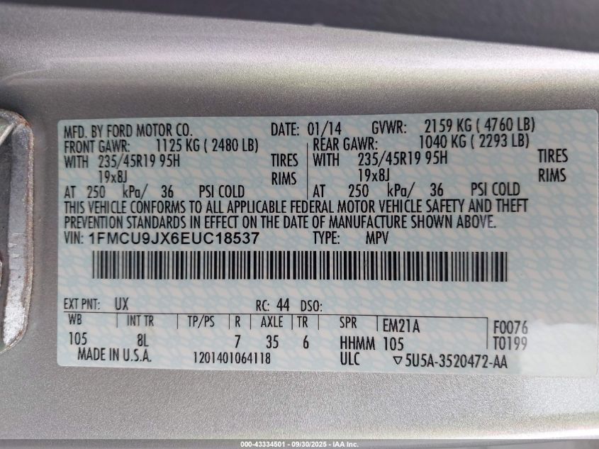 2014 Ford Escape Titanium VIN: 1FMCU9JX6EUC18537 Lot: 43334501