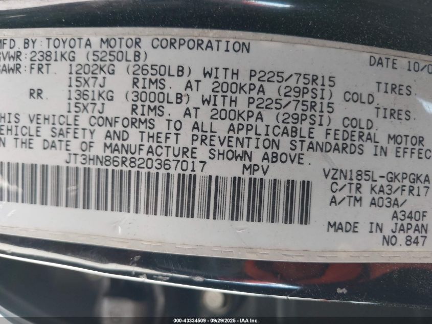 2002 Toyota 4Runner Sr5 V6 VIN: JT3HN86R820367017 Lot: 43334509