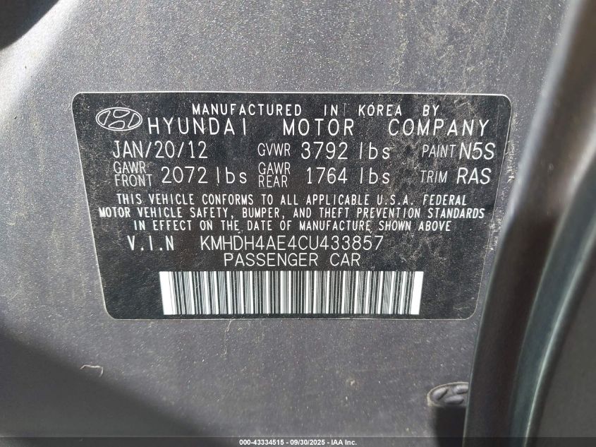 2012 Hyundai Elantra Gls (Ulsan Plant) VIN: KMHDH4AE4CU433857 Lot: 43334515