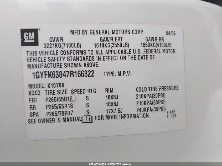 2007 Cadillac Escalade Standard VIN: 1GYFK63847R166322 Lot: 43334519