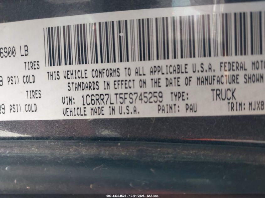 2015 Ram 1500 Big Horn VIN: 1C6RR7LT5FS745259 Lot: 43334525