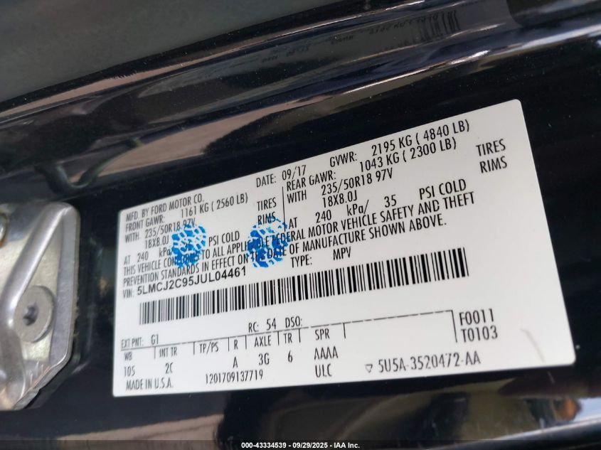 2018 Lincoln Mkc Select VIN: 5LMCJ2C95JUL04461 Lot: 43334539