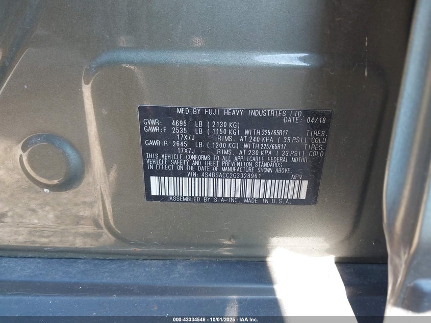 2016 SUBARU OUTBACK 2.5I PREMIUM - 4S4BSACC2G3328961