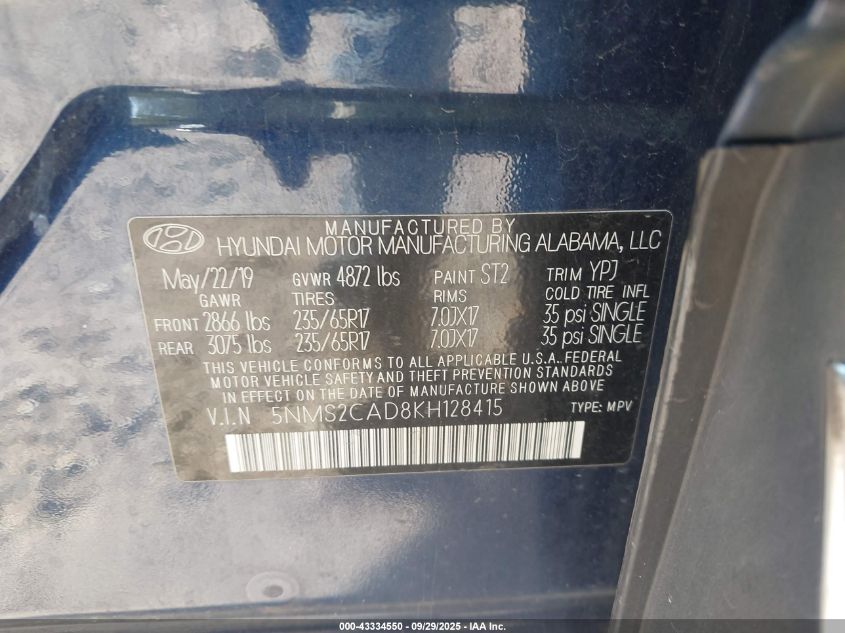 2019 Hyundai Santa Fe Se VIN: 5NMS2CAD8KH128415 Lot: 43334550