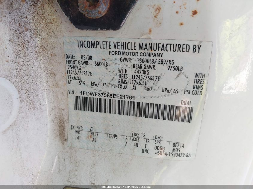2008 Ford F-350 Chassis Xl/Xlt VIN: 1FDWF37568EE21761 Lot: 43334552