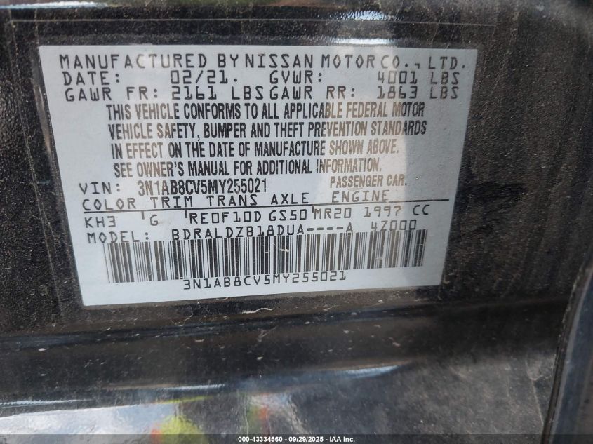 2021 Nissan Sentra Sv Xtronic Cvt VIN: 3N1AB8CV5MY255021 Lot: 43334560