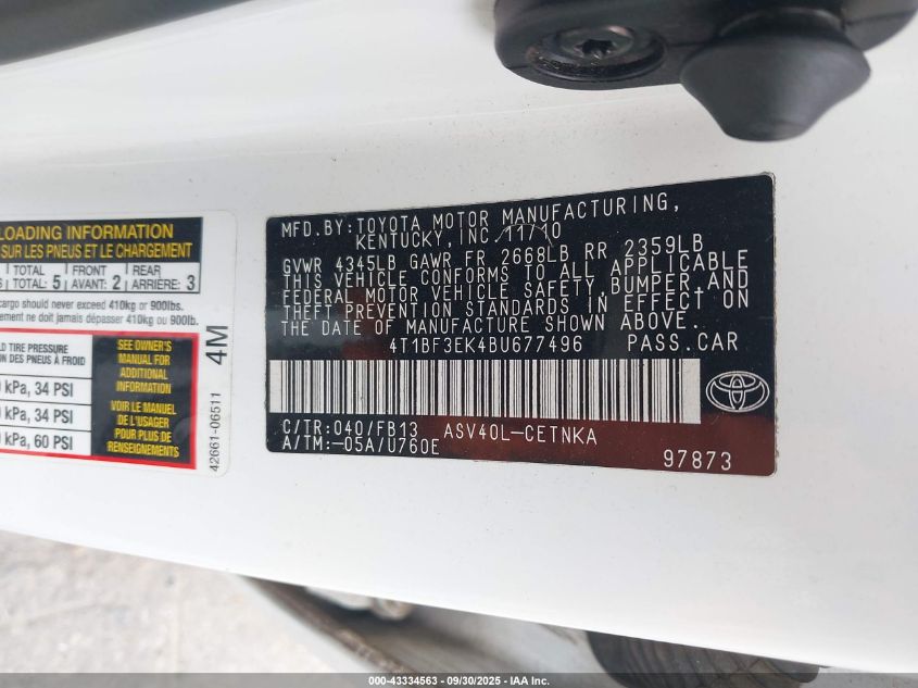 2011 Toyota Camry Le VIN: 4T1BF3EK4BU677496 Lot: 43334563