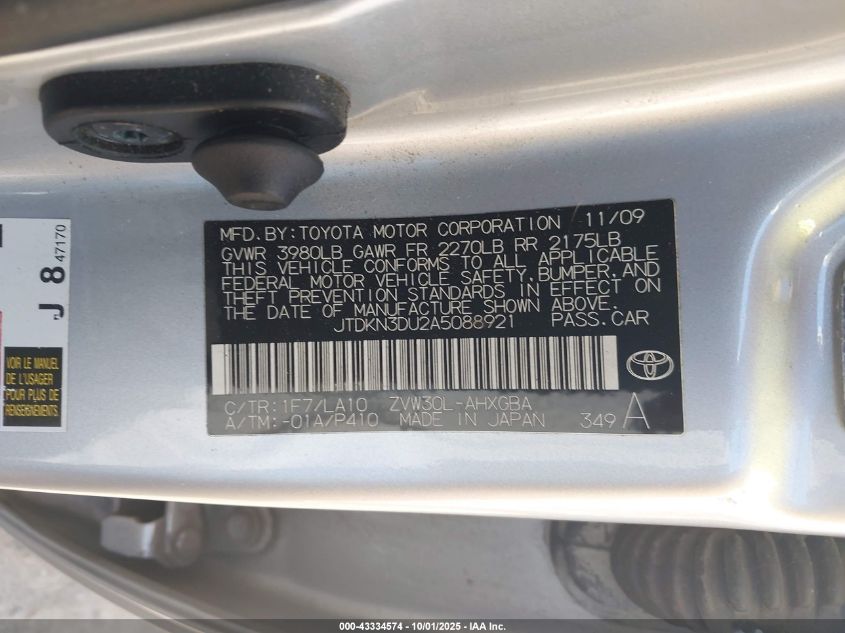 2010 Toyota Prius Iv VIN: JTDKN3DU2A5088921 Lot: 43334574