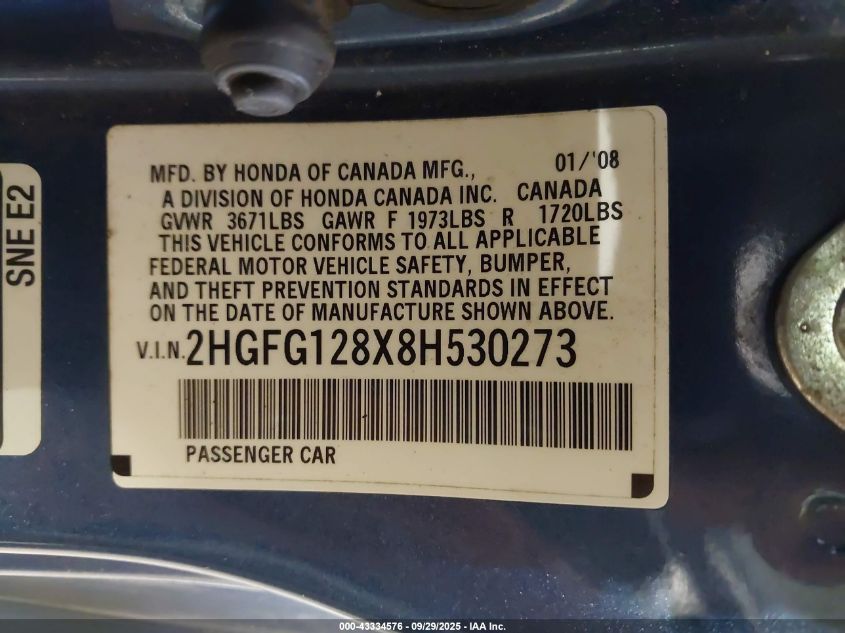 2008 Honda Civic Ex VIN: 2HGFG128X8H530273 Lot: 43334576