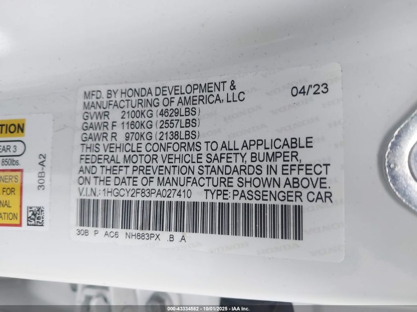 2023 Honda Accord Hybrid Touring VIN: 1HGCY2F83PA027410 Lot: 43334582