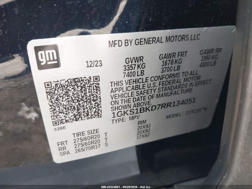 2024 GMC Yukon 2Wd Slt VIN: 1GKS1BKD7RR134051 Lot: 43334581