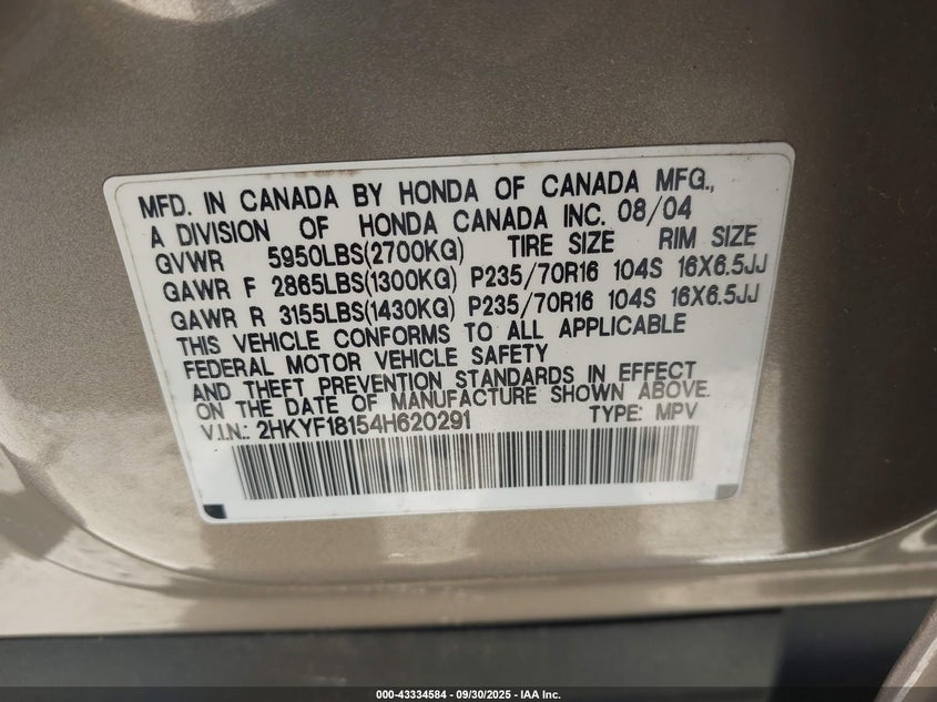 2004 Honda Pilot Lx VIN: 2HKYF18154H620291 Lot: 43334584
