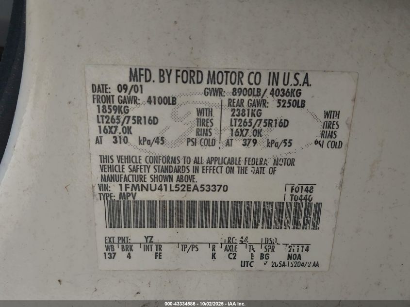 2002 Ford Excursion Xlt VIN: 1FMNU41L52EA53370 Lot: 43334586