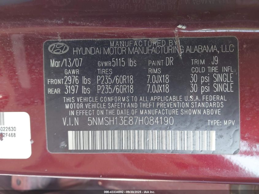 2007 Hyundai Santa Fe Limited/Se VIN: 5NMSH13E87H084190 Lot: 43334592