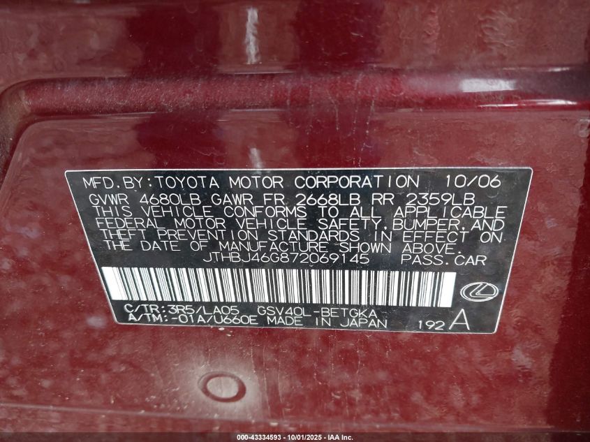 2007 Lexus Es 350 VIN: JTHBJ46G872069145 Lot: 43334593