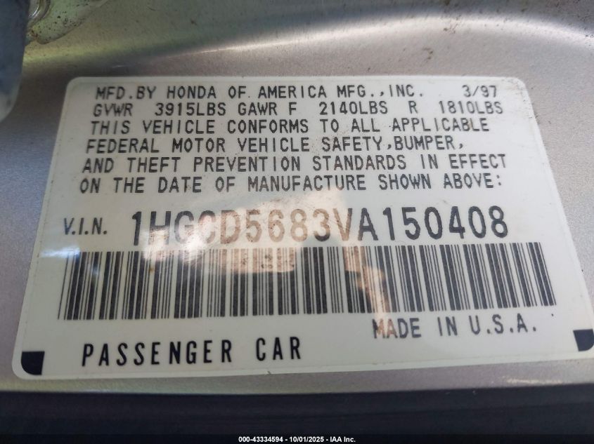 1997 Honda Accord Value VIN: 1HGCD5683VA150408 Lot: 43334594
