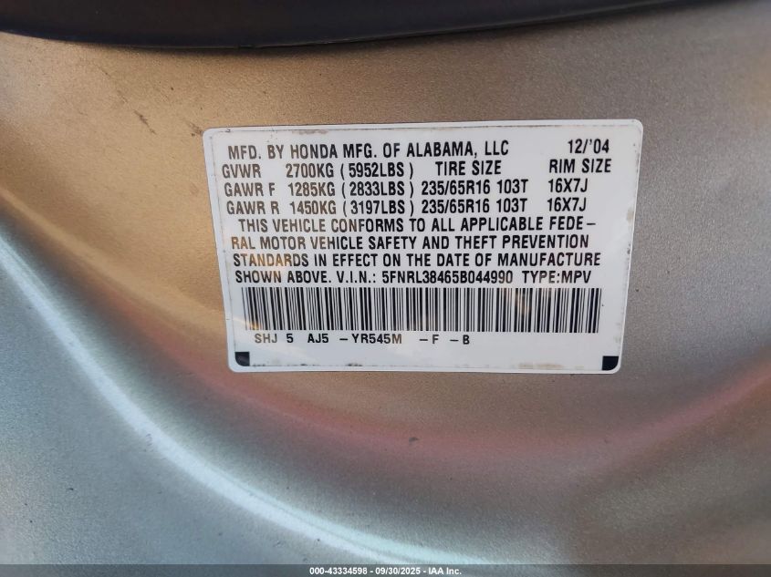 2005 Honda Odyssey Ex VIN: 5FNRL38465B044990 Lot: 43334598