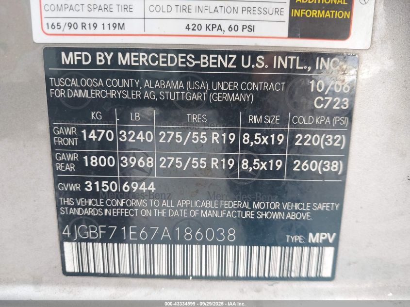 2007 Mercedes-Benz Gl 450 4Matic VIN: 4JGBF71E67A186038 Lot: 43334599