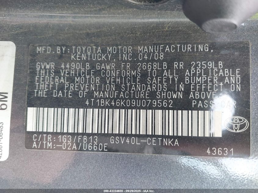 2009 Toyota Camry Le V6 VIN: 4T1BK46K09U079562 Lot: 43334608